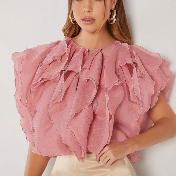 . Tops - Pink Boho Womens Ruffle Trim Solid Top